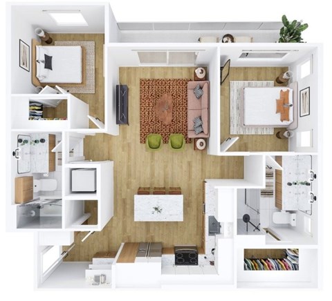 A top down view of a modern apartment layout.